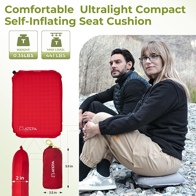 ATEPA Inflatable Seat Cushion, Self-Inflating Portable Stadium Airplane Travel Foam Cushion Pad for Camping, Sports Events, Outdoor