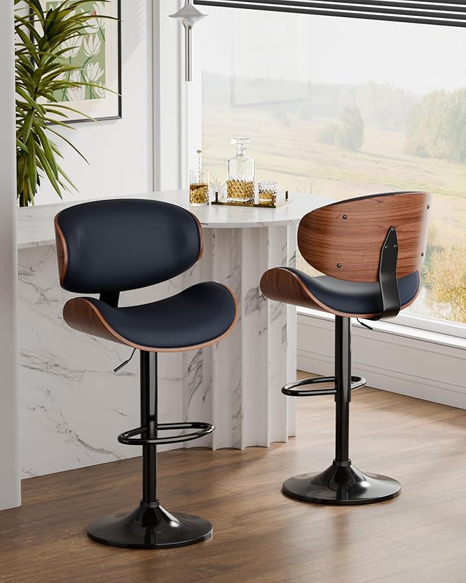 Aowos Bar Stools Set of 3, Adjustable Swivel PU Leather Bar Stools for Kitchen Island, Mid Century Modern Counter Height Barstools with Back & Footrest (Blue)