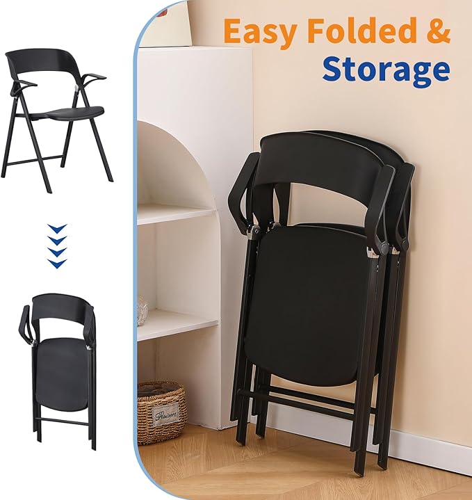 Folding Office Chair, Plastic Folding Chairs with Detachable Armrest, Stackable Dining Chairs, Portable Foldable Chair for Indoor, Outdoor, Wedding, Party, Picnic, Yard, Garden (Black, 2Pack)