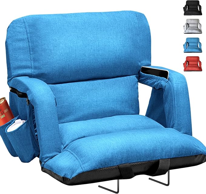 Wide Stadium Seats with Back Support, Exclusive Sofa Style Design Extra Thick Bleacher Chairs with Back and Cushion, 6 Reclining Positions - Ultimate Comfort for Sports Events (Blue, 25")