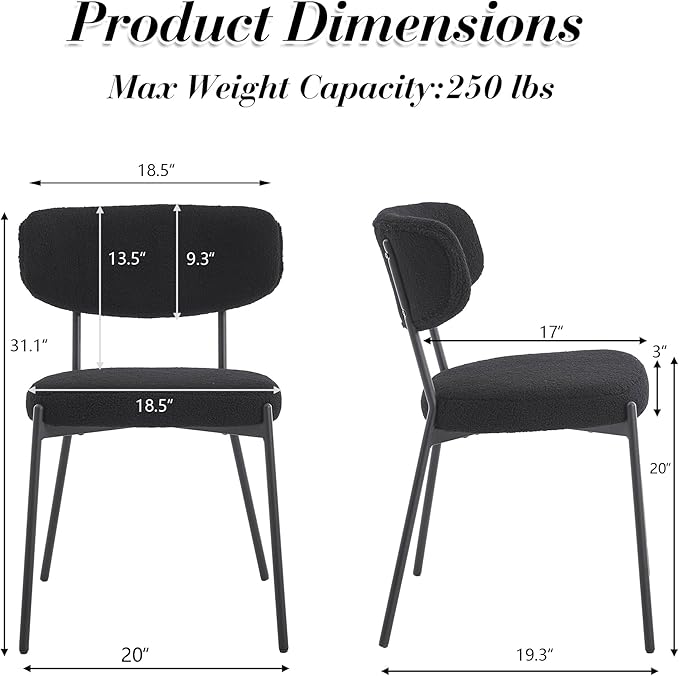 KCC Boucle Dining Chairs Set of 2, Modern Mid-Century Upholstered Stylish Kitchen Chairs Sherpa Accent Diner Chairs with Metal Legs and Curved Back for Kitchen, Dining Room(Black)