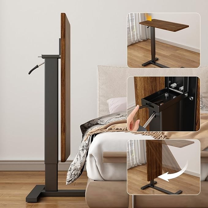 Overbed Bedside Table with Wheels Adjustable Hospital & Home Use Bed Table Rolling Movable Laptop Mobile Standing Desk Pneumatic Computer Cart Waterproof L-Shaped Steel Base Tray Tables,Brown