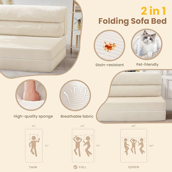 Folding Sofa Bed, Convertible Sleeper Chair with Pilow Foldable Matress, 2 in 1 Pull Out Loveseat Sofa Portable Fold Out Chair Bed Floor Couch Lounge for Living Room Bedroom (Beige, Queen)