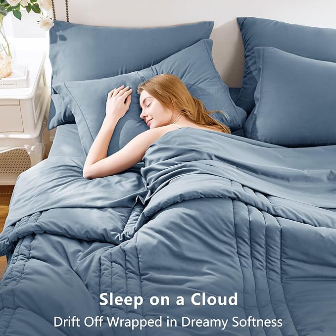 CozyLux King Comforter Set - 7 Pieces Bed in a Bag Grayish Blue Comforter Set with Sheets Luxury Bed Set All Seasons, Soft Bedding Set with Down Alternative Comforter, Sheets, Pillowcases & Shams