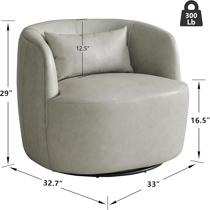 KINWELL 33'' W 100% Top Grain Genuine Leather Swivel Barrel Armchair No Assembly Round Upholstered Leather Swivel Accent Chairs with Toss Pillow for Living Room Office Lounge, Light Gray