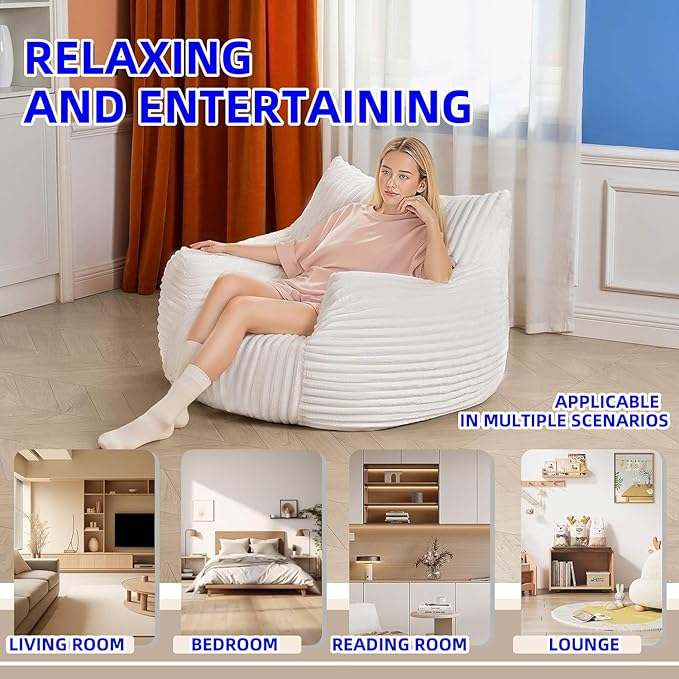 Bean Bag Chair for Adults with Armrest - Ultra Plush Memory Foam Lounge Sofa & Oversized Comfy Chair for Bedroom, Living Room & Dorm (Beige, Without Pedals)