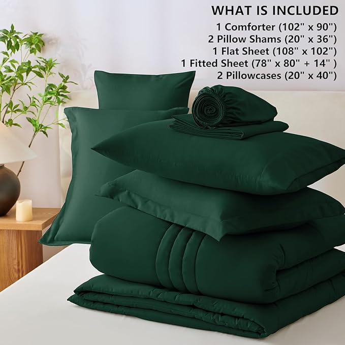 CozyLux King Size Comforter Sets - 7 Piece Bed in a Bag Emerald Green Comforter Set with Sheets Bed Set All Seasons, Soft Bedding Set with Down Alternative Comforter, Sheets, Pillowcases & Shams