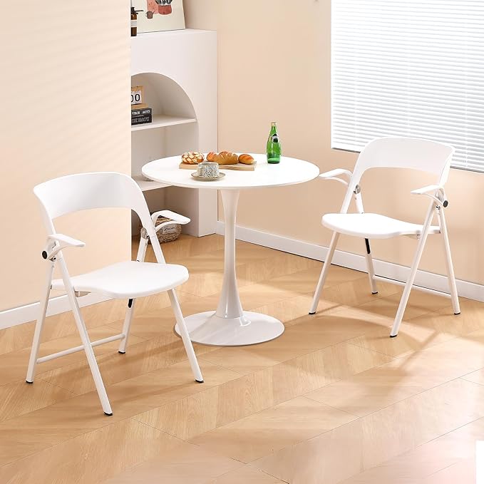 White Office Chair with Arms, Plastic Folding Chairs, Comfort Stackable Dining Chairs,Portable Foldable Chair with Steel Frame for Indoor, Outdoor, Wedding, Party, Lawn, Yard, Beach, 2Pack