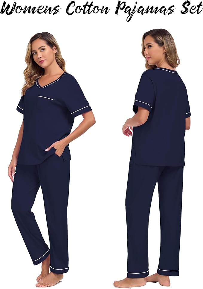 CF Women's 100% Cotton Pajama Sets Soft Short Sleeve Tops & Pants Comfy Sleepwear 2 Piece Lounge set with Pockets Loungewear