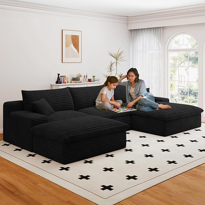 107" Cloud Sectional Couch with U-Shaped Chaise,Corduroy Viral Boneless Sofa with Ottoman,Memory Foam Couches in a Box with Deep Seat for Living Room,No Assembly Required(Jet Black,Right-Facing Chaise