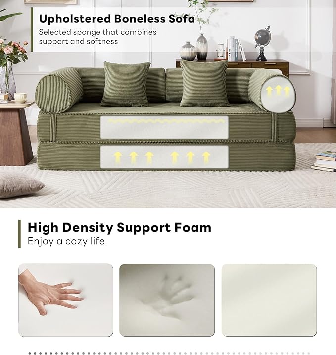 Tbfit Boneless Sofa Bed, Corduroy Compress Couch with Wide Armrests & 2 Pillows, Deep Seat Couches for Living Room