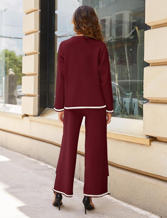 Tanming Women's 2 Piece Outfits Long Sleeve Knit Sweater Top Wide Leg Pants Lounge Sets Tracksuits