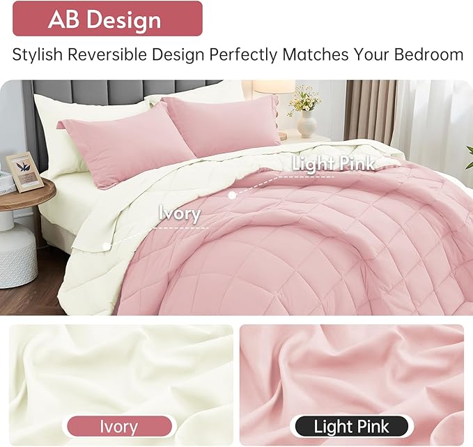 MUXHOMO 7 Pieces King Comforter Set, Reversible Bed in a Bag King Size, All Season Bedding Set with Comforter, Flat Sheet, Fitted Sheet, Pillowcases & Shams, Light Pink & Ivory