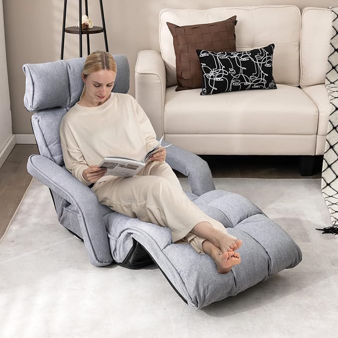 Moccha Floor Chairs for Adults, Adjustable 6-Position Floor Lounger w/Adjustable Armrests, Backrest & Footrest, No Assembly Folding Lazy Sofa Chair for Gaming, Light Weight Chaise Lounge