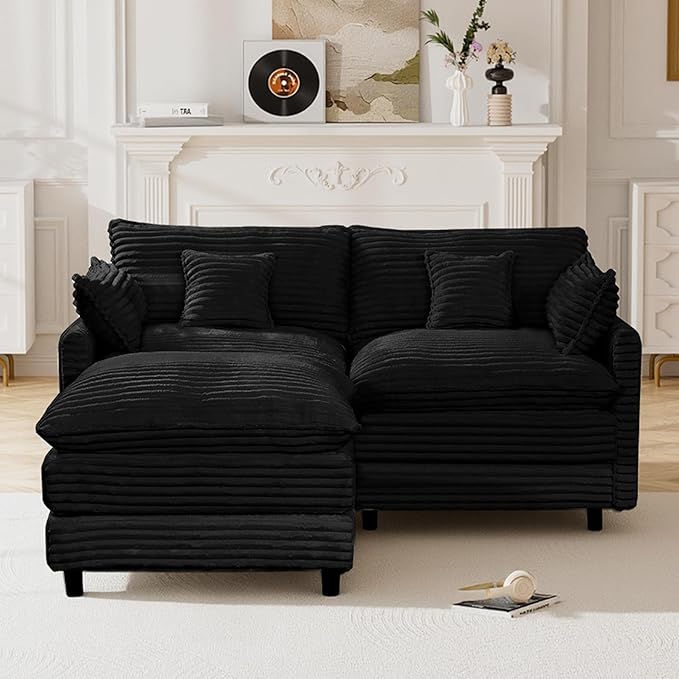 HYJT-H&K 74" L Shaped Cloud Couch Modular Small Sectional Couches for Living Room Small Spaces, Comfy Fluffy Corduroy Cloud Loveseat with Ottoman 3 Seat Sectionals Sofa, Black