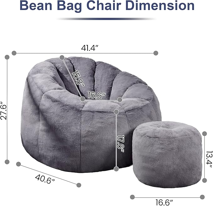 Pumpkin Shaped Bean Bag Chair with Ottoman, Gaint Bean Bag Chair for Adults, Faux Rabbit Fur Comfy BeanBag Floor Sofa Chair for Reading, Playing, Relaxing, Gray