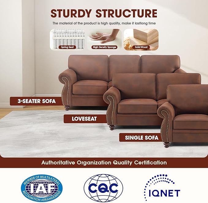 Mid-Century Vintage Sofa Couches with Rivet Design,loveseat Sofa,Removable Sofa Cover Upholstered Cushions and Solid Wood Frame (Caramel, Loveseat)