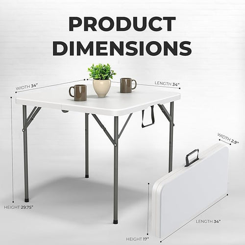 34" Square Foldable Table with Built in Handle & Steel Legs | Heavy Duty Portable | Perfect for Party, Dining, Wedding, Events, Picnic Indoor, Outdoor, Camping, Utility, Temporary