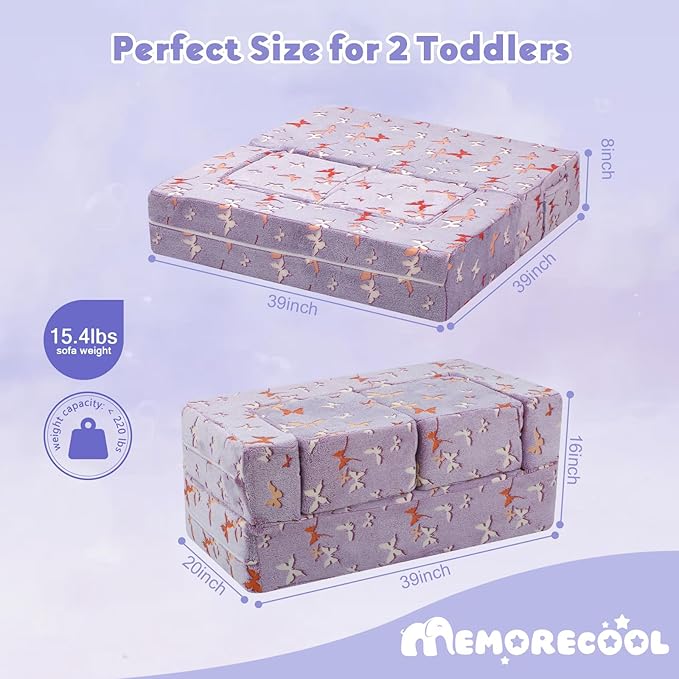 MeMoreCool Kids Modular Couch – Glow-in-The-Dark Butterfly Foam Sofa Bed, Lavender Convertible Toddler/Youth Playroom Sofa-to-Bed