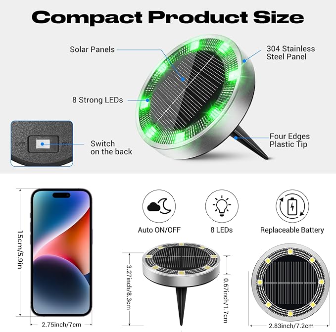 Peasur Solar Ground Lights Outdoor, 12 Pack Flat Solar Powered Disc Lights, IP68 Waterproof, Anti-Rust, Landscape Lighting for Pathway Garden Yard Lawn Walkway Landscape Driveway, Green