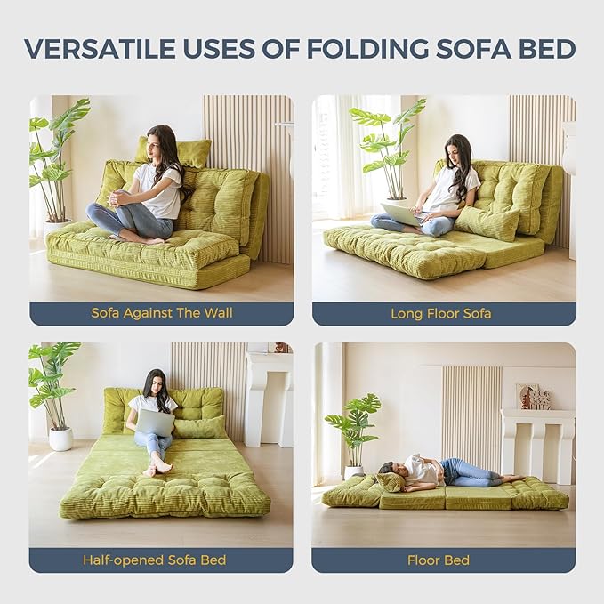 MAXYOYO Bean Bag Bed Tufted Folding Sofa Bed with Pillows Floor Mattress for Adults, Extra Thick and Long Floor Sofa, Twin Couch for Bedroom Living Room, Green, 39x91 Inch