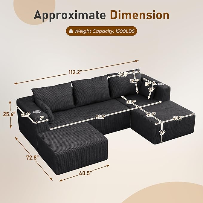 Furnimart 112" L-Shaped Modular Sectional Sofa with Ottoman, Boneless Cloud Couch with Chaise for Living Room, Modern Deep Seat Lounge Sleeper Couch Bed, No Assembly, Corduroy Black