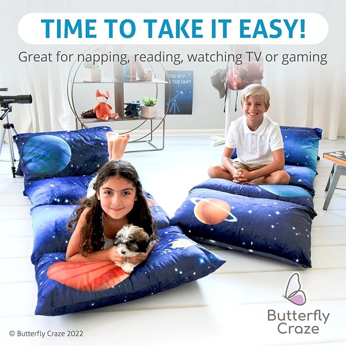 Butterfly Craze Floor Pillow Case - Reading & TV Recliner & Reading Pillow - Sleepover Lounger & Toddler Couch & Nap Mat - Galaxy Space Print & Floor Mat for Ground Sleeping - Galaxy Blue, King