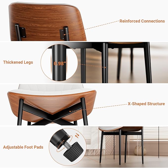 YaFiti Dining Chairs Set of 8, Dining Room and Kitchen Chairs, FSC Certified Mid Century Modern Accent Chair, Upholstered PU Leather Chairs for Vanity with Walnut Bentwood and Metal Legs, White