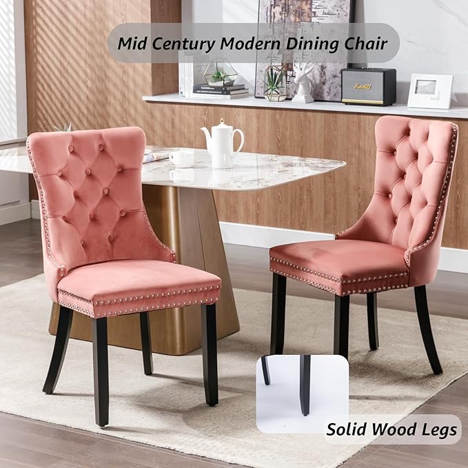 YeahFurn Pink Mid Century Modern Dining Chairs Set of 4, Velvet Upholstered Kitchen & Dining Room Chairs with Nailhead Trim & Solid Wood Legs, Elegant Sillas De Comedor (Pink, 4 Pcs)