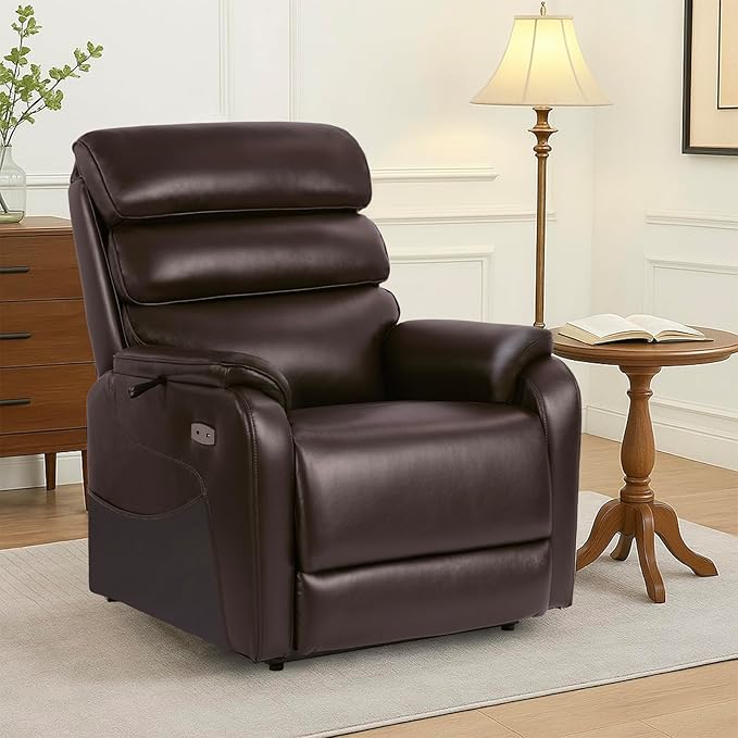 EONIX Clearance Dual Motor Lay Flat Power Lift Recliner Chair for Elderly with Heat and Massage, Electric Leather Lift Chair with Charging Ports, FSC Oeko 400lbs Heavy Duty, SLRY003061, Dark Brown