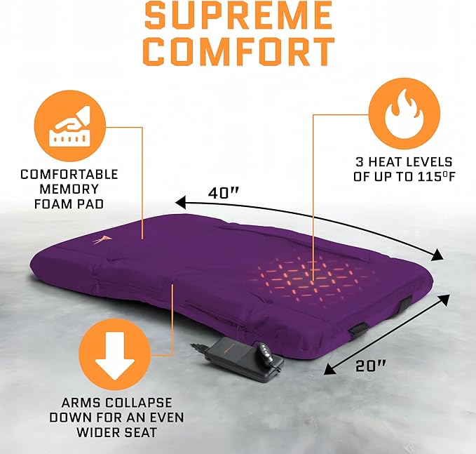 Heated Stadium Seats for Bleachers with Back Support – USB Battery Included - Upgraded 3 Levels of Heat - Foldable Chair - 4 Pockets for Snacks, Cup Holder - for Camping, Games & Sports (Purple)