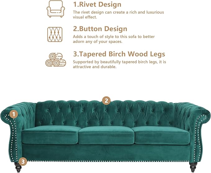 QHITTY Accent Large Sofa, Chesterfield Couch 3 Seater Modern Velvet Couch Upholstered Sofa with Tufted Back for Living Room Furniture (Green)