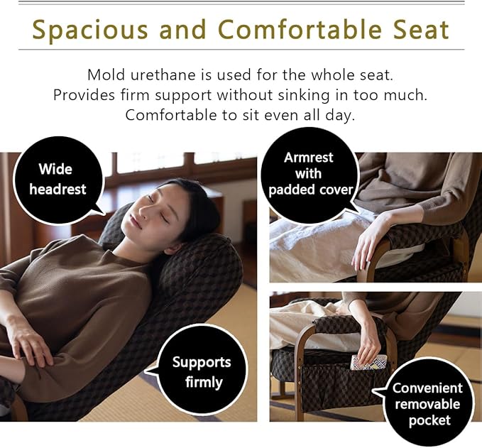 EMOOR Tatami Chair Japanese-Style Chair RYOKAN (Navy), Wooden Armrest & Sled Base Recliner Hight-Adjustable Upholstered Single Futon Sofa