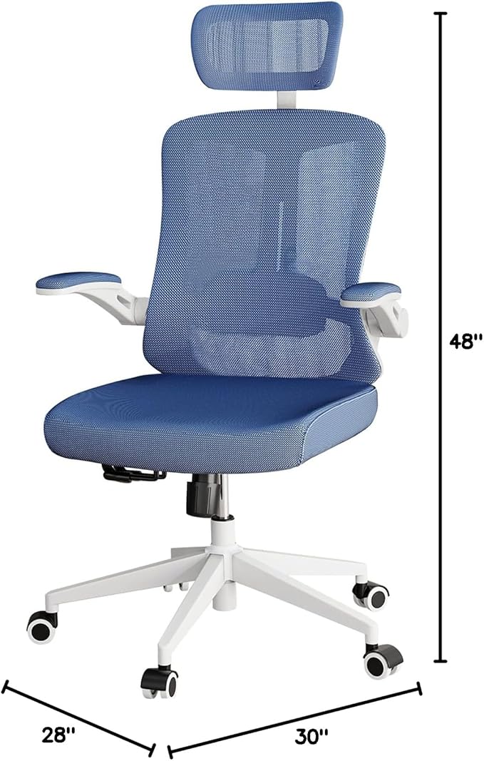 Ergonomic Office Chair - 400LB Comfy Desk Chairs with Adjustable Headrest and Lumbar Back Support, Mesh Computer Chairs with Wheels and Arms for Home Office, Study (Blue-with Headrest)