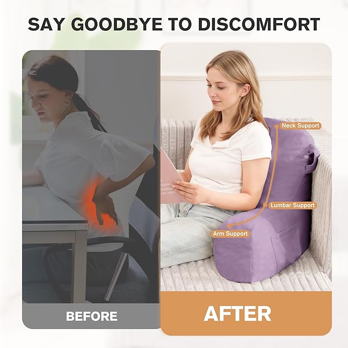 Unisakey Portable Comfy Reading Pillows for Bed Sitting Up(Lavender Purple Oeko-Tex), Velvet Back Pillow with Arms & Pockets for Adults, Support Memory Foam Bed Pillow for Dorm/Reading/Watching/Gaming