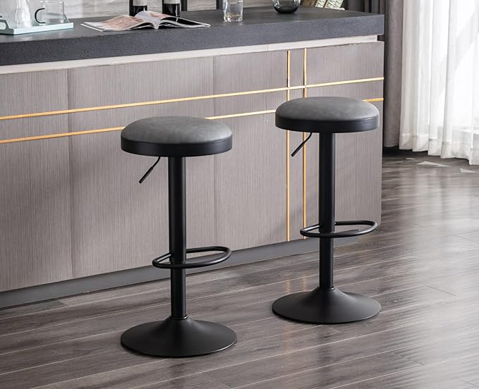 EALSON Modern Swivel Bar Stool Adjustable Counter Height Backless Barstools with Metal Base Leather Upholstered Round Bar Stool Chairs for Kitchen Island/Pub/Breakfast Bar, Grey 1PC