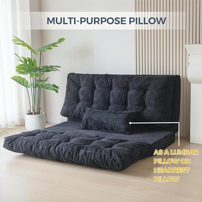 MAXYOYO Bean Bag Bed Tufted Folding Sofa Bed with Pillows Floor Mattress for Adults, Extra Thick and Long Floor Sofa, Twin Couch for Bedroom Living Room, Black, 39x91 Inch