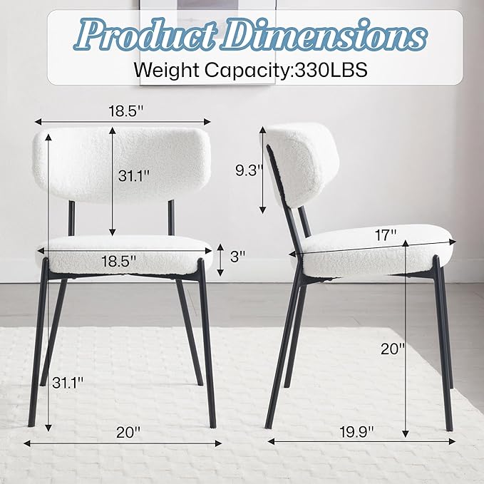 KCC Boucle Dining Chairs Set of 6, Modern Mid-Century Upholstered Stylish Kitchen Chairs Sherpa Accent Diner Chairs with Metal Legs and Curved Back for Kitchen, Dining Room(White)