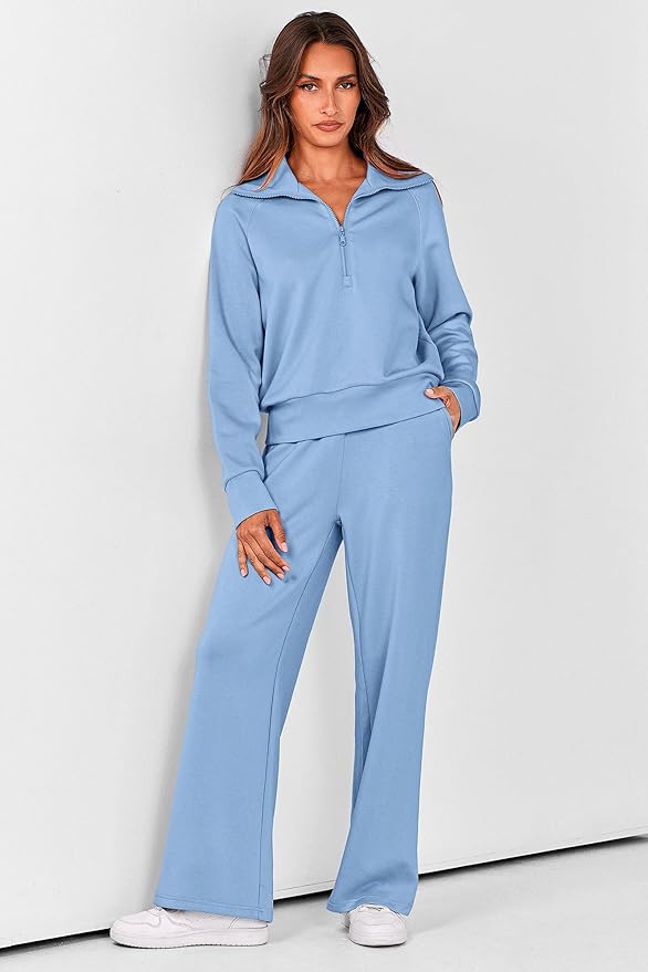 PRETTYGARDEN Women's 2 Piece Outfits Casual Lapel Half Zip Sweatshirts and Wide Leg Pants Tracksuit Sets