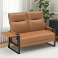 Faux Leather Loveseat, Upholstered Loveseat with Side Tray Table & Storage Pocket, Small Loveseat for Living Room, Modern 2 Seater Sofa Couch for Small Spaces, Bedroom, Brown