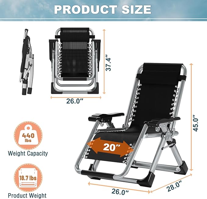ABORON 2PK Zero Gravity Chair/Armrest Mat,Premium Outdoor Lawn Folding Lounge Chairs,Sturdy Adjustable Reclining Patio Chairs with Removable Seating Cushion,Headrest & Tray