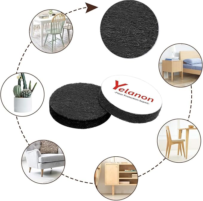 Yelanon Felt Furniture Pads -48 Pcs 1.5" Premium Felt Pads for Chair Legs Furniture, Floor Protectors for Hardwood Floors, Black