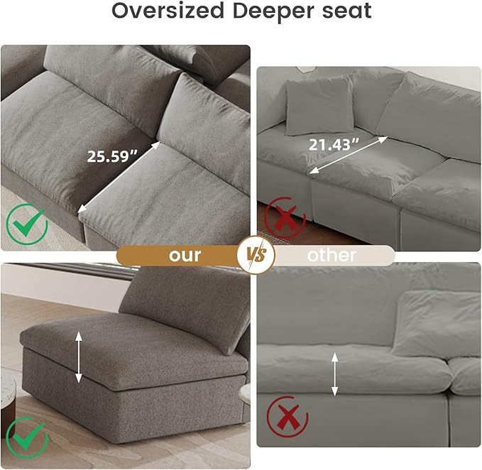 160" Cloud Couch Modular Sectional Sofa for Living Room,L Shaped Sofas with Storage Ottoman,Down Filled Convertible 6 Seater, Covers Washable&Replaceable (Gray)