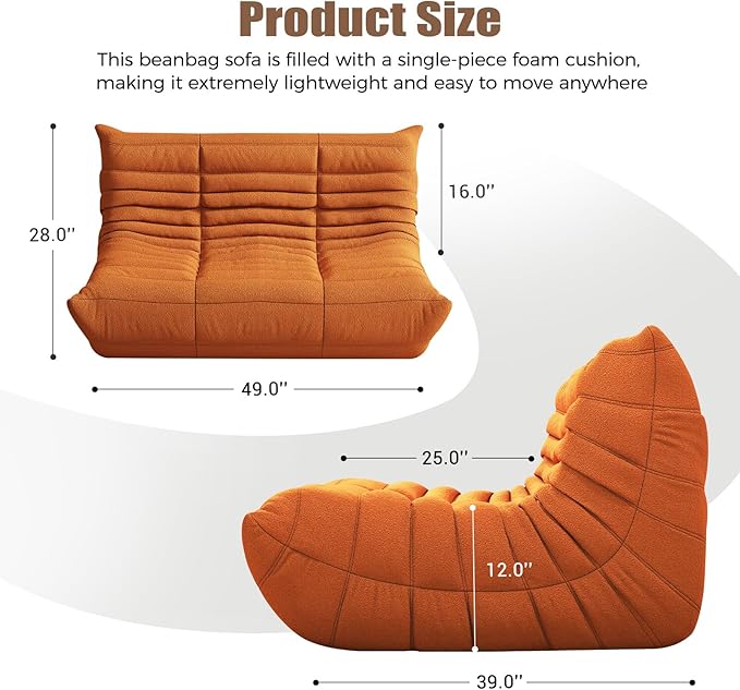 Selyteramy Bean Bag Chairs for Adults, Giant Bean Bag Chair Sofa with Memory Foam, Comfy Beanbag Loveseat Lazy Sofa for Living Room, Bedroom, Apartment, Orange