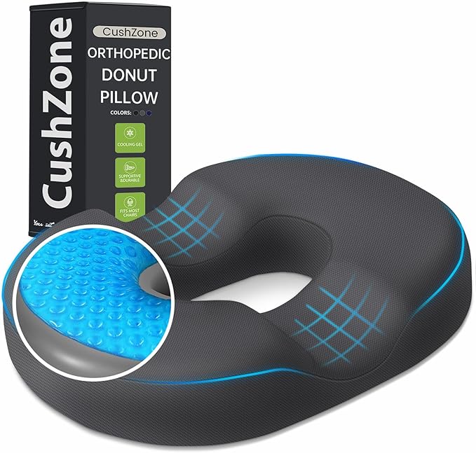 CushZone Donut Pillow Seat Cushion - Cooling Gel Floor Pillow, Memory Foam Floor Cushion for Office & Home, Car Seat, Hemorrhoids Pillow, Sciatica & Tailbone Pain Relief Chair Cushion, Grey