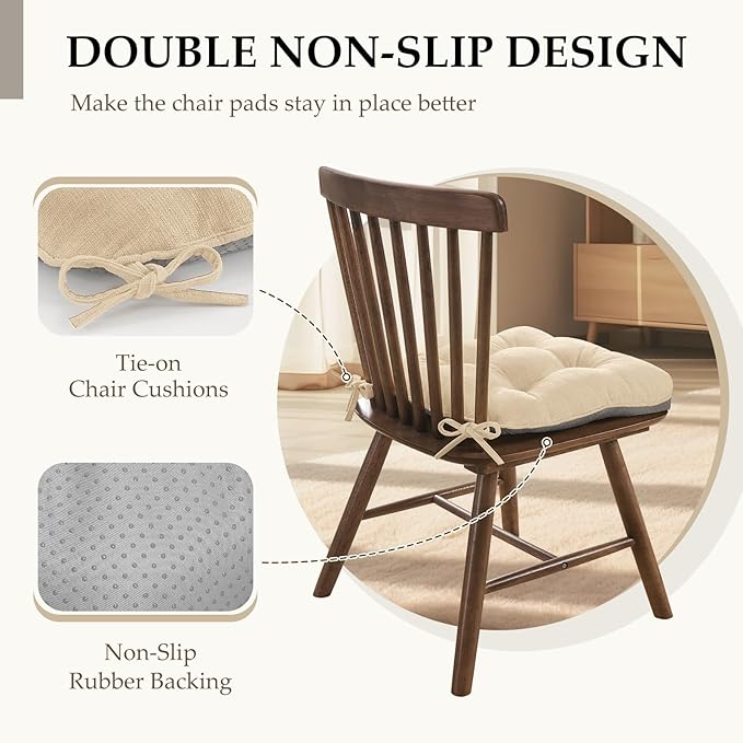 HARBOREST Chair Cushions for Dining Chairs Set of 6 - Chenille Tufted Kitchen Chair Cushions with Ties and Non-Slip Bottom, Foam Chair Pads for Dining Chairs, 17" x 17", Ivory