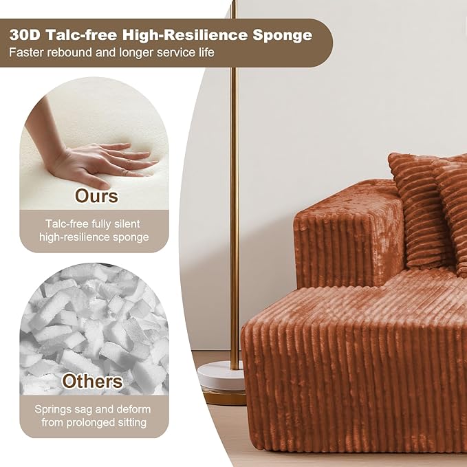 130'' U Shaped Couched for Living Room, Cloud Modular Sectional Couch with 2 Chaise Lounge, Modern Minimalist Upholstered Sofa Sleeper Deep Seat Corner Couch, No Assembly Required Orange Brown