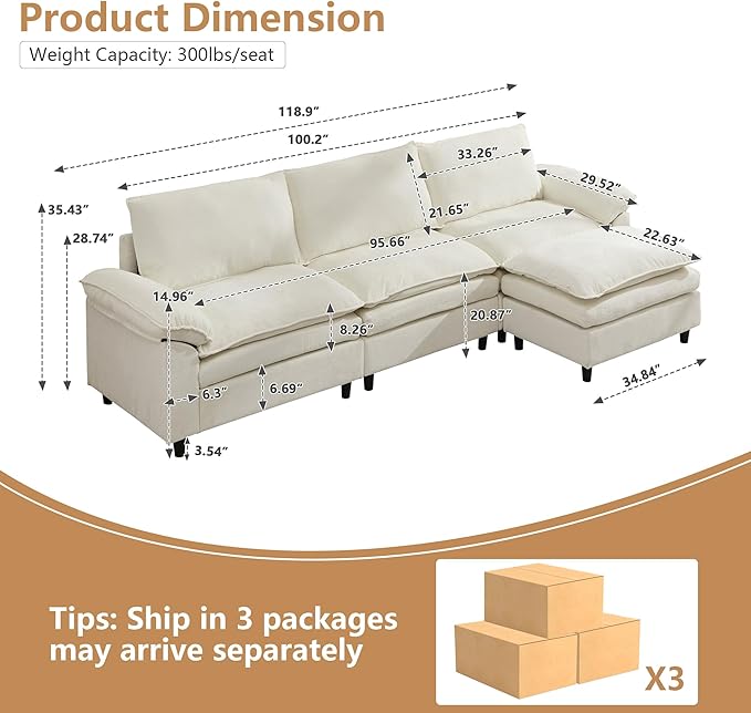 Aoowow Modular Sectional Sofa Modern Convertible L Shaped Couch,118.9 Inch Deep 3-Seater Sofas Set Comfy Chenille Cloud Sofas and Couches with Movable Ottoman for Living Room Apartment(Beige)