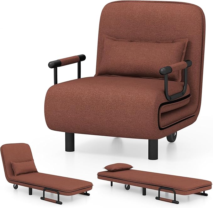 Giantex Convertible Sofa Bed, 3-in-1 Folding Sleeper Chair with 5-Position Adjustable Backrest, Wheels, 2 Legs, Recliner Chaise Lounge with Pillow, Armchairs for Nursery Living Room Office (Brown)