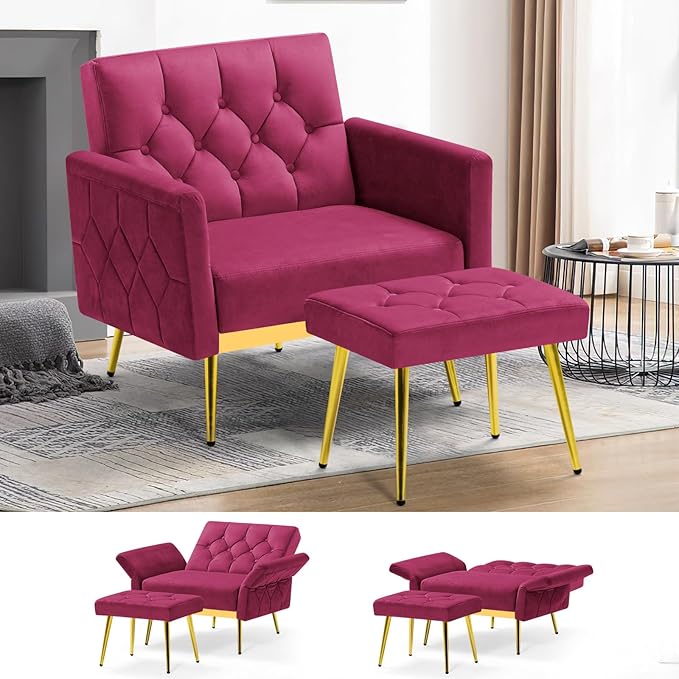 ACMEASE Velvet Accent Chair w/Adjustable Armrests and Backrests, Tufted Single Sofa with Ottoman, Upholstered Reading Chiar for Living Room, Apartment, Bedroom, Fuchsia
